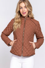 Suede Piping Detail Rib Quilted Padded Jacket in Ivory