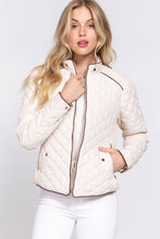 Suede Piping Detail Rib Quilted Padded Jacket in Ivory