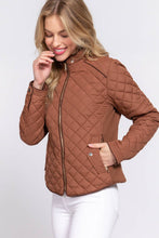 Suede Piping Detail Rib Quilted Padded Jacket in Ivory