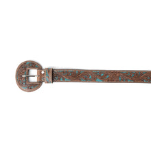 Western Wreath Tooled Leather Belt in Brown with Turquoise