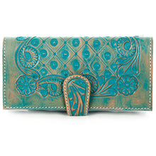 Turquoise Tooled Leather Wallet Western Floral Bifold Wallet with Snap Closure