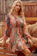 Boho Paisley Long Sleeve Pleated Belted Mini Dress