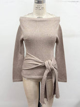 Off-the-Shoulder Tie-Waist Sweater Top in Beige