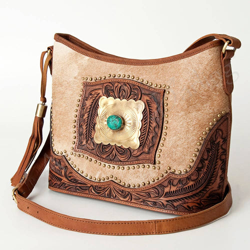 Natural Cowhide & Genuine Tooled Leather Women Crossbody Conceal Carry Purse