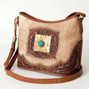 Natural Cowhide & Genuine Tooled Leather Women Crossbody Conceal Carry Purse
