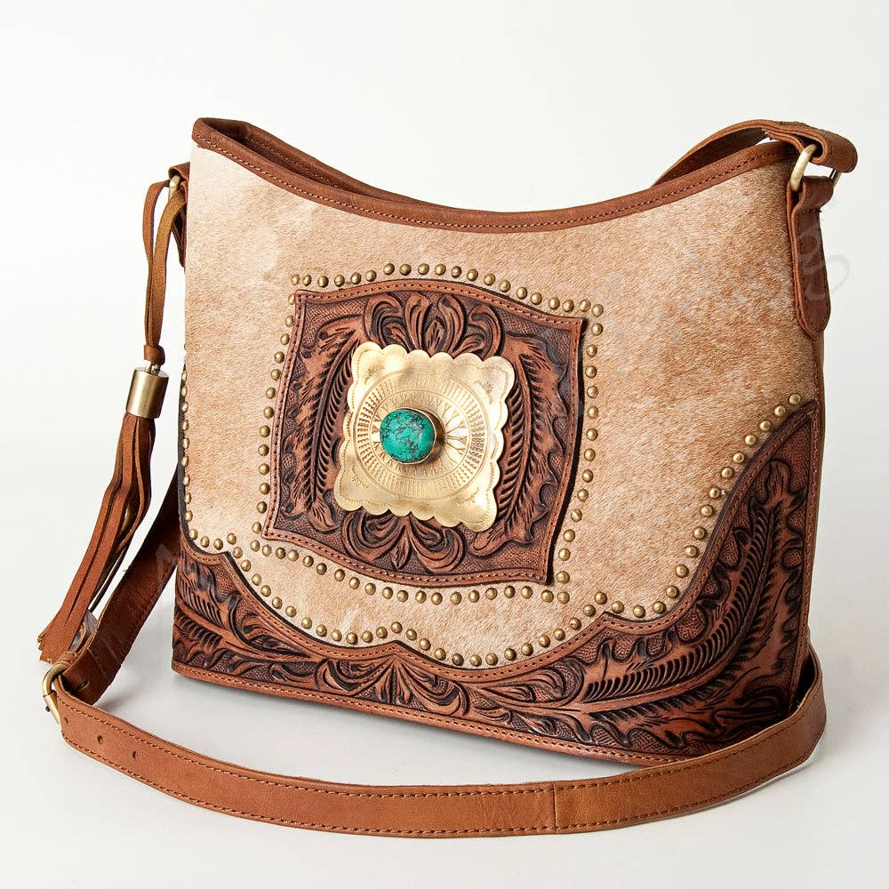 Natural Cowhide & Genuine Tooled Leather Women Crossbody Conceal Carry Purse