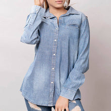 Turquoise Fever Genuine Tooled Leather Accent Pearl Snap Denim Top