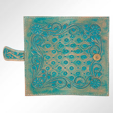Turquoise Tooled Leather Wallet Western Floral Bifold Wallet with Snap Closure