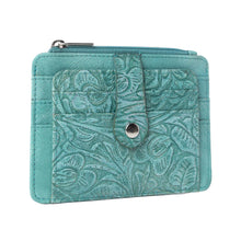 Driftwood Cove Embossed Leather Credit Card Wallet in Ocean Sage