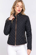 Suede Piping Detail Rib Quilted Padded Jacket in Black