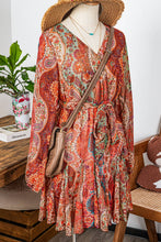 Boho Paisley Long Sleeve Pleated Belted Mini Dress