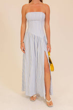 Striped Strapless Side Slit Maxi Dress in Soft Blue