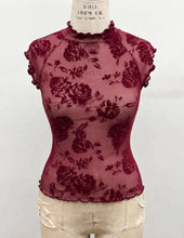 Floral Flocked Mesh Lettuce Trim Top in Burgundy