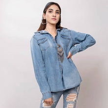 Tennessee Whiskey Genuine Tooled Leather Accent Pearl Snap Denim Top
