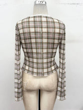 Plaid Lace Trim Tie-Front Mesh Top