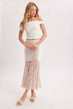 ROMANTIC SATIN LACE TRIMMED SPLIT MIDI SKIRT in OATMEAL