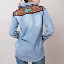 Turquoise Fever Genuine Tooled Leather Accent Pearl Snap Denim Top