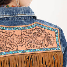 Genuine Tooled Leather Fringed Accent Denim Jacket