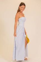 Striped Strapless Side Slit Maxi Dress in Soft Blue
