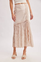ROMANTIC SATIN LACE TRIMMED SPLIT MIDI SKIRT in OATMEAL