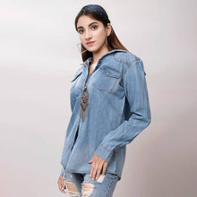 Tennessee Whiskey Genuine Tooled Leather Accent Pearl Snap Denim Top