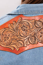 Tennessee Whiskey Genuine Tooled Leather Accent Pearl Snap Denim Top