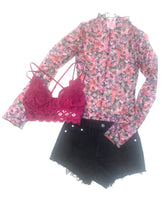 Mesh Overlay Long Sleeve Top in Floral Print