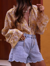 Ruffle frilled Floral button blouse long flare sleeve