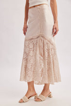 ROMANTIC SATIN LACE TRIMMED SPLIT MIDI SKIRT in OATMEAL
