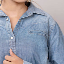 Turquoise Fever Genuine Tooled Leather Accent Pearl Snap Denim Top