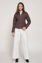 Suede Piping Detail Rib Quilted Padded Jacket in Chocolate