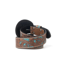 Western Wreath Tooled Leather Belt in Brown with Turquoise