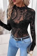 Paisley Printed Mesh Long Sleeve Top in Black