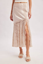 ROMANTIC SATIN LACE TRIMMED SPLIT MIDI SKIRT in OATMEAL