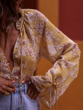 Ruffle frilled Floral button blouse long flare sleeve