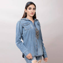 Tennessee Whiskey Genuine Tooled Leather Accent Pearl Snap Denim Top