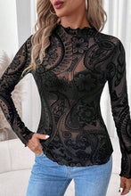 Paisley Printed Mesh Long Sleeve Top in Black