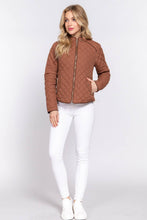 Suede Piping Detail Rib Quilted Padded Jacket in Ivory