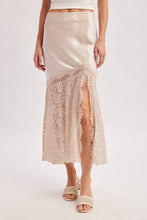 ROMANTIC SATIN LACE TRIMMED SPLIT MIDI SKIRT in OATMEAL