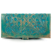 Turquoise Tooled Leather Wallet Western Floral Bifold Wallet with Snap Closure