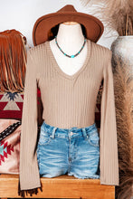 Ribbed Knit V Neck Long Sleeve Slim Fit Top