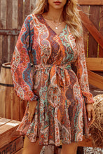 Boho Paisley Long Sleeve Pleated Belted Mini Dress