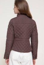 Suede Piping Detail Rib Quilted Padded Jacket in Chocolate