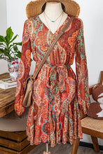 Boho Paisley Long Sleeve Pleated Belted Mini Dress