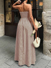 Sleeveless Halter Maxi Dress with Deep V-Neck Vertical Strip