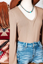 Ribbed Knit V Neck Long Sleeve Slim Fit Top