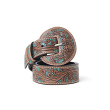 Western Wreath Tooled Leather Belt in Brown with Turquoise