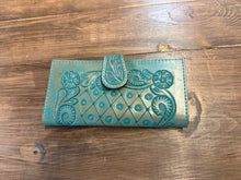 Turquoise Tooled Leather Wallet Western Floral Bifold Wallet with Snap Closure