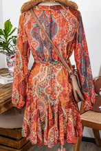 Boho Paisley Long Sleeve Pleated Belted Mini Dress