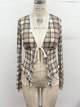 Plaid Lace Trim Tie-Front Mesh Top